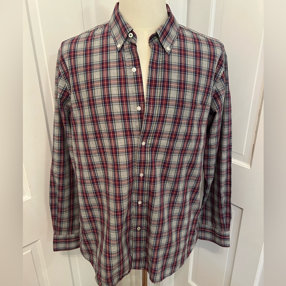 J. McLaughlin Men's XL Trim Fit Red Navy Gray Plaid Button Down Shirt‎ Long Slv